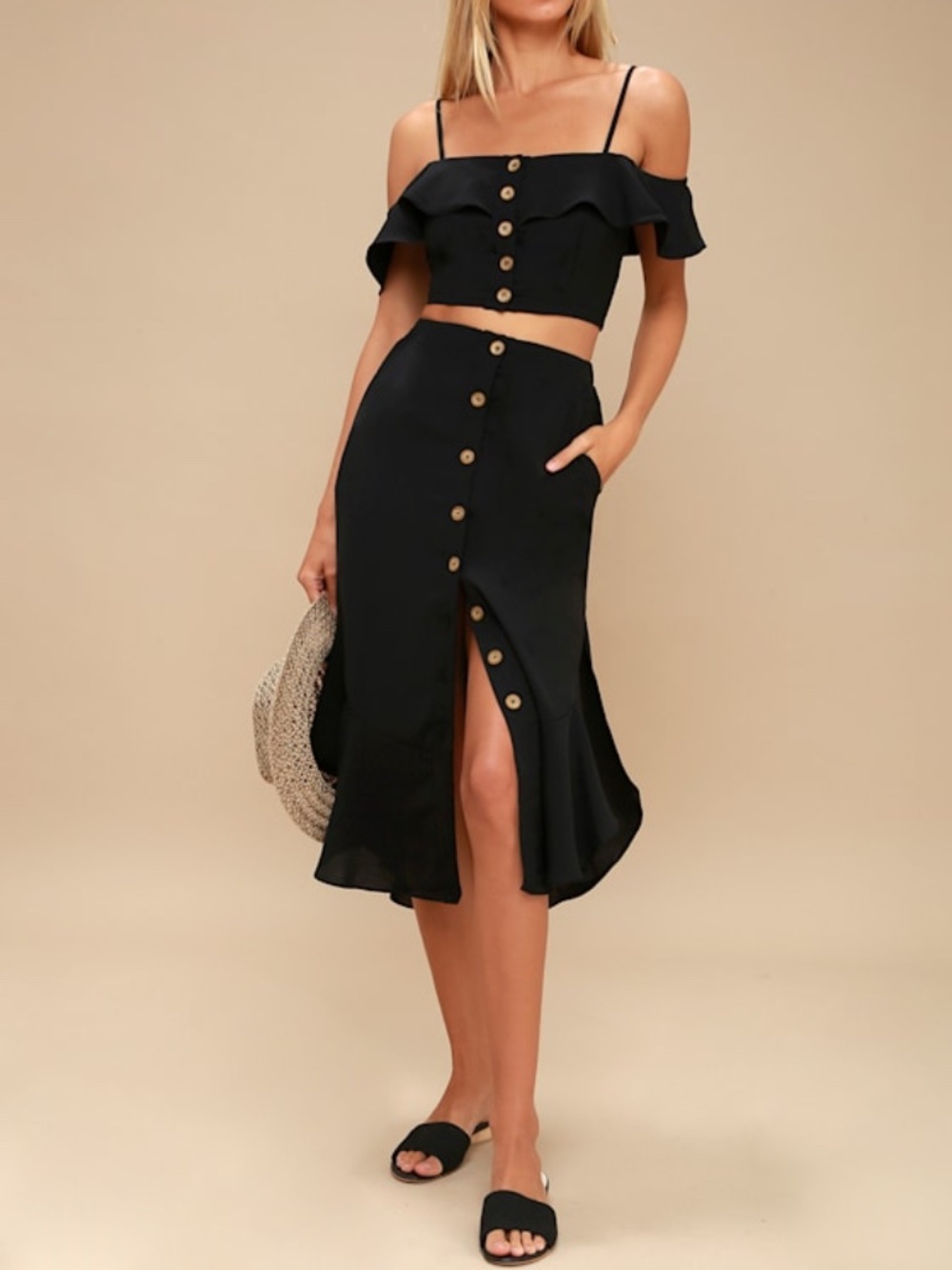 Lulus Malta Black Off-the-shoulder Button-up Two-piece Dress - Size M